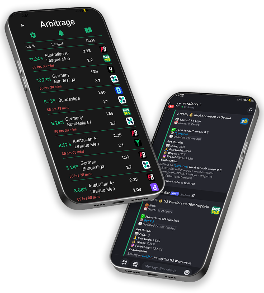 Display of WagerWise positive ev and arbitrage software on phones