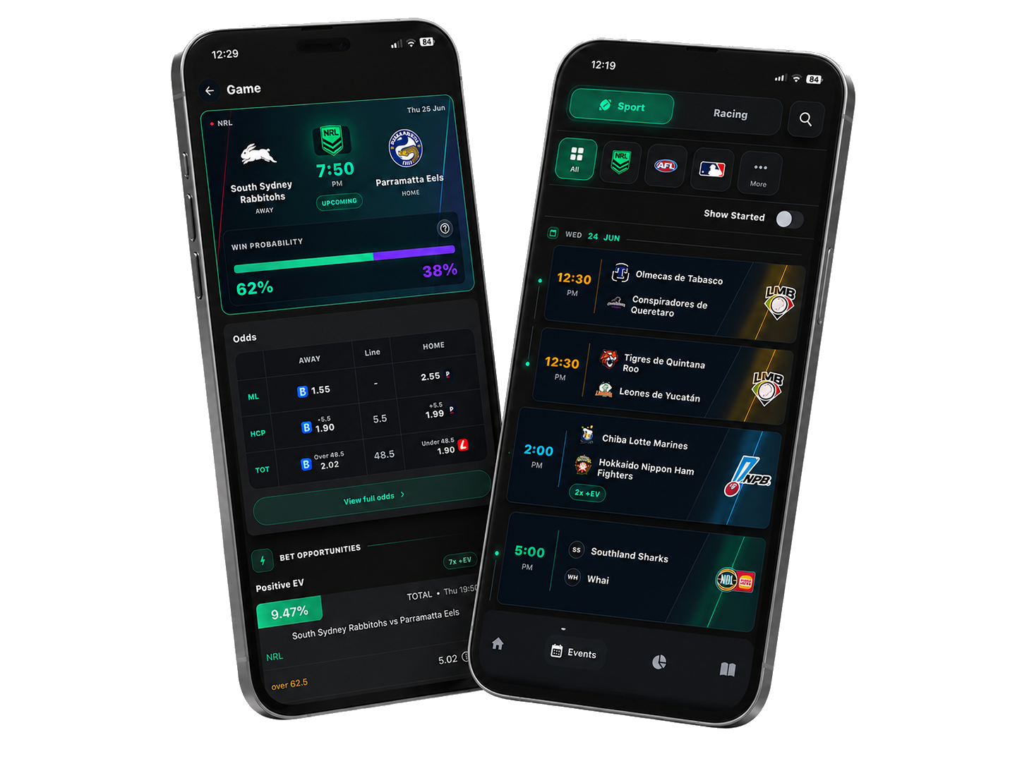 WagerWise Match center showing event schedule and game odds on mobile